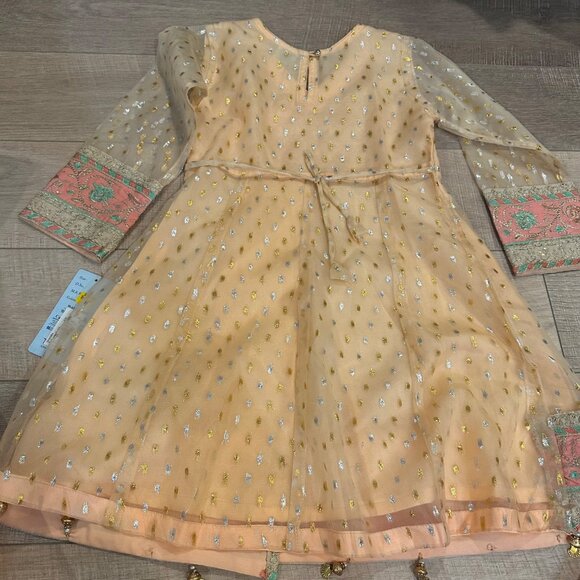 Girls Peach Traditional Embroidered Dress W/ Sheer Sleeves & Gold Detailing Size - Picture 8 of 9